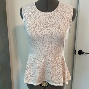 BCBG Max Azria Dressy Peplum Top White and Nude Lacy Detail
